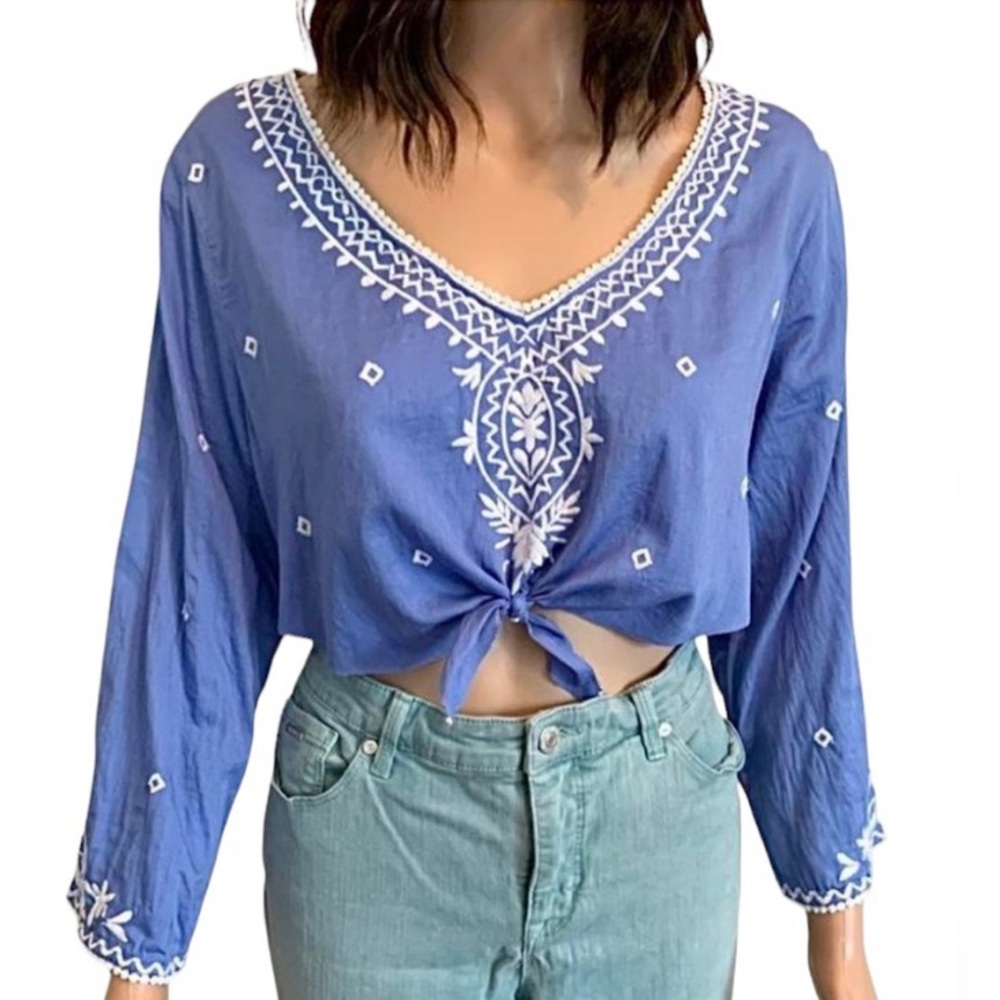 Blue Embroidered Crop Top